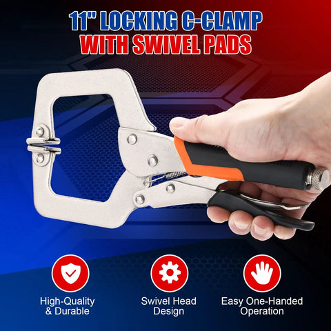 Person holding 11 Inch Locking C Clamp Pliers With Quick Release for welding and woodworking, swivel pad design visible