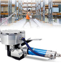 No Fuss Pneumatic Steel Strapping Machine Featuring Steady Tensioner And Quick Auto Cutter, side view in a warehouse setting.