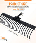 60 Inch Behind Landscape Rake For Tractor Tow Dethatcher With 24 Steel Coil Tines And 2 Inch Receiver Displayed With Measurements