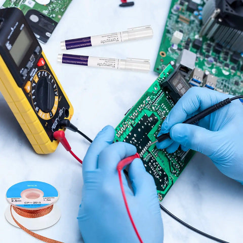Using Soldering Pen And Solder Wick Kit For Electronics Repair with no clean pens and braided wick 0.1 inch wide by 59 inch long