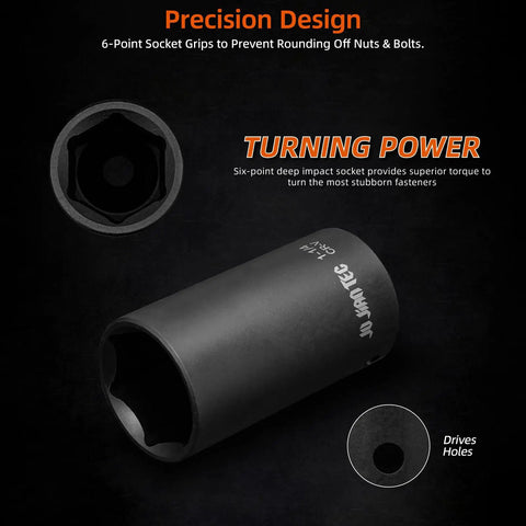 Heavy Duty One Half Inch Drive Impact Socket Set With Adapters And Ratchet Handle, 65 Piece Deep And Shallow Kit In SAE And Metric Sizes Three Eighths To One And One Quarter Inch And Ten To Twenty Four Millimeters, Chrome Vanadium Steel, Molded Case close-up of a six-point deep impact socket showing precision design and turning power.