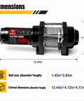 Heavy Duty Electric Winch With Steel Cable 4500 Lb Pulling Power For Atv Utv Trailer, dimensions display of 12.44in by 4.17in.