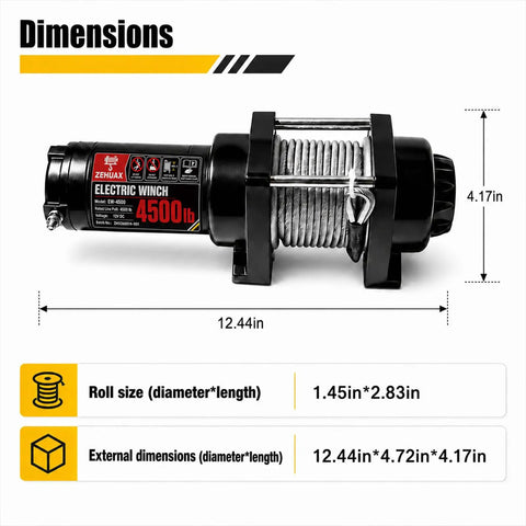 Heavy Duty Electric Winch With Steel Cable 4500 Lb Pulling Power For Atv Utv Trailer, dimensions display of 12.44in by 4.17in.