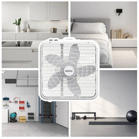 20 Inch Box Fan With Thermostat Auto Temperature Control 3 Speed Metal Frame Window Box Fan on display with different settings