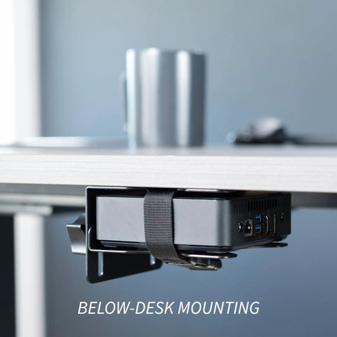 Slick And Durable Mini PC Mount Bracket providing a rock solid VESA under desk holder for thin client CPU docking station, black.