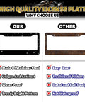 Comparison of Beach Vibes License Plate Frame With Palm Tree Hawaii Theme, Stainless Steel Car Accessory next to rusty frame