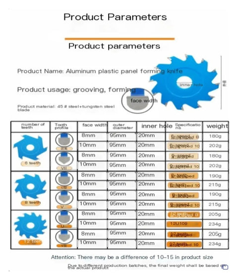 Heavy Duty Carbide Tipped Circular Saw Blade For Aluminum Composite Panels And Biscuit Joints With A Killer Sharp 6 8 Or 12 Tooth Edge For Smooth V Groove And U Channel Cuts At 95 Mm And 20mm Bore product parameters table with specifications.
