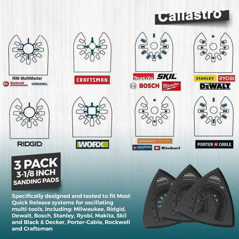 Image of universal quick-release triangle sanding pads compatible with multiple brands for oscillating multitool use.