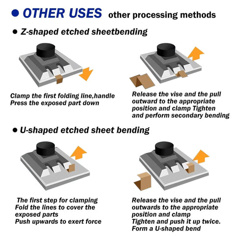JOYABEST photo-etched parts bender tool with grey base and black knob; diagram of Z- and U-shaped sheet bending.