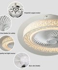 Bladeless 20 Inch Flush Mount Ceiling Fan With Remote Control highlighting copper motor, fan blades, and LED light.