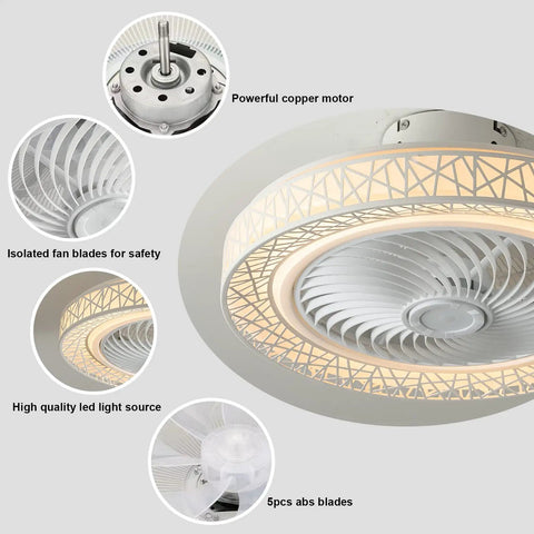 Bladeless 20 Inch Flush Mount Ceiling Fan With Remote Control highlighting copper motor, fan blades, and LED light.