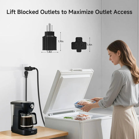 Woman using freezer with 3 Pack 20 Amp To 15 Amp Plug Adapter For NEMA 5-20R Receptacles Converts A Standard 125V 15 Amp Outlet Into A 20 Amp Connection Black 3 Prong Grounded Converter For Home Office Garage Workshop Use in background