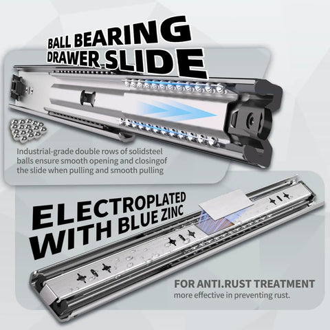 Electroplated Beefy Heavy Duty 16 Inch Drawer Slides, 300 Lb Load Capacity, featuring ball bearing rails for cabinets and RVs.