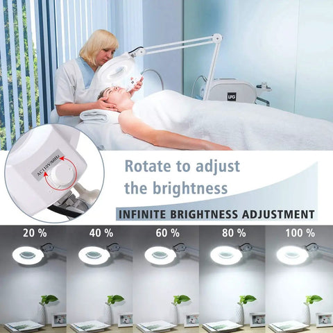 Esthetician using Magnifying Floor Lamp With Rolling Base And Five Wheels Lens 2200 Lumens LED Dimmable Light
