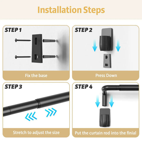 Installation steps for Blackout Curtain Rods With Quick Release Wrap Around Design 1 Inch Adjustable Heavy Duty Matte Black.