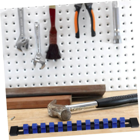 Slick 6 Piece Socket Organizer Tray With Fast Match Labels and Chunky Base for Rock Solid Stability on a workbench with tools.