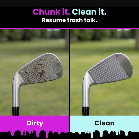 Funny Microfiber Golf Towel With Bag Clip For Men And Dad Gift, Clean My Balls Joke showing dirty and clean golf club