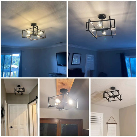 Slick Black 4 Light Ceiling Fixture, Industrial Farmhouse Flush Mount Chandelier in a bedroom with modern matte finish and cube cage design.