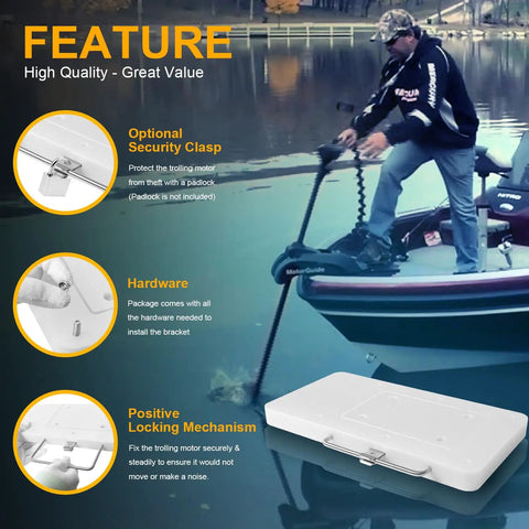 Quick-Release Mounting Bracket Kit For Xi3 Xi5 Bow-Mount Trolling Motors in use on a boat with optional security clasp.