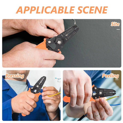 Multifunctional Wire Stripper Tool For Automotive Wires And Cables, Handy To Use With Durable Chromium Vanadium Alloy Steel And PVC, Locks In Place For Precise Radial Cutting, Built Tough DIY Wiring And Auto Repair Tool in use stripping and crimping wires