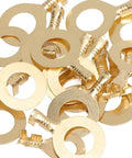 Top Shelf Heavy Duty Non Insulated Ring Terminals Solid Brass O Style Wire Connectors Pro Pack M3 Plus M4 M5 M6 M8 M10 Real Deal 150 Piece Electrical Crimp Kit showing gold ring terminals.