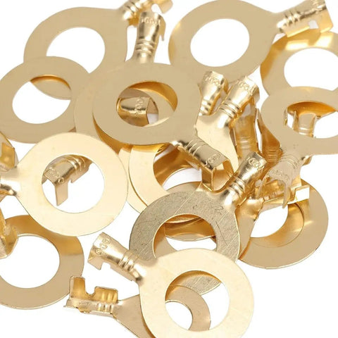 Top Shelf Heavy Duty Non Insulated Ring Terminals Solid Brass O Style Wire Connectors Pro Pack M3 Plus M4 M5 M6 M8 M10 Real Deal 150 Piece Electrical Crimp Kit showing gold ring terminals.