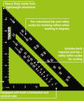 7 Inch Aluminum Rafter Square With Imperial Hip Valley Scales For Dead Easy Roofing Layouts Heavy Duty Carpenter Triangle Ruler features scales for precise measurements.