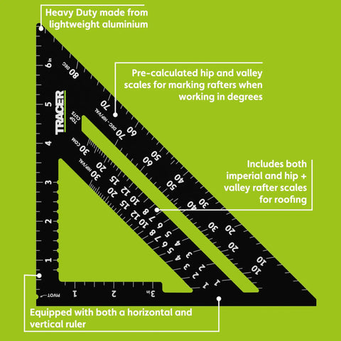7 Inch Aluminum Rafter Square With Imperial Hip Valley Scales For Dead Easy Roofing Layouts Heavy Duty Carpenter Triangle Ruler features scales for precise measurements.
