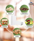 White Paper Bags with SOS Bottom, 500-Count, Size 5.00 x 3.12 x 9.75 Inches, shown with popcorn, cookies, fruits, coffee, and sandwich.