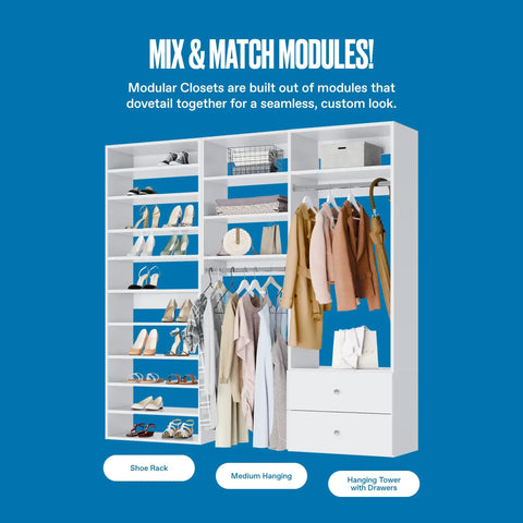 Built In White Shaker Hanging Tower Closet Organizer With Two Deep Drawers And Reinforced Shelf For Crisp Shirts And Suits Heavy Duty Wood Rack Made To Handle The Daily Hustle Without Breaking A Sweat.