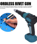 Get Your Cordless Rivet Gun With 18V Brushless Motor For Fastening Kit Auto Parts That Fits BL1840 Battery Dual Speed Settings Plus Led Work Light For Steel And Aluminum Jobs, blue cordless rivet gun with battery base and rivet in hand