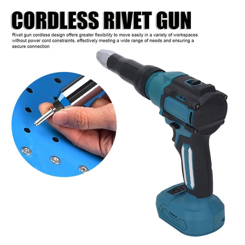 Get Your Cordless Rivet Gun With 18V Brushless Motor For Fastening Kit Auto Parts That Fits BL1840 Battery Dual Speed Settings Plus Led Work Light For Steel And Aluminum Jobs, blue cordless rivet gun with battery base and rivet in hand