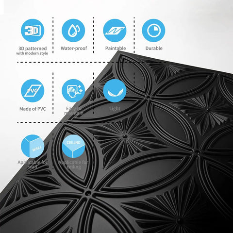 Black PVC Drop Ceiling Tile 2x2 Ft With Glue Up 3D Wall Panel Look, 24x24 In, 12 Pack, Lightweight And Flexible, Water And Corrosion Resistant, Easy Install In Standard T Bar Grid Or On Flat Substrates