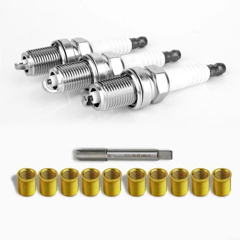 Thread Repair Tool Kit For M12x1.25 Inserts And M14x1.25 Tap, Metal Helicoil Set with spark plugs and inserts displayed