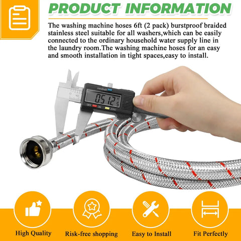 6 Foot Stainless Steel Braided Washing Machine Hoses Burst Proof Hot And Cold Water Supply Lines Universal Fit For All Washers 2 Pack Built To Last Heavy Duty Premium Quality With 10 Year Warranty displayed with caliper measurement showing diameter