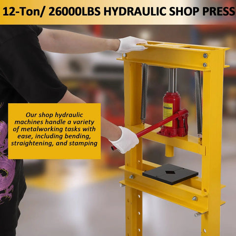 12 Ton Yellow H Frame Hydraulic Press For DIY Pros And Weekend Warriors With Four Height Adjustable Plates in use