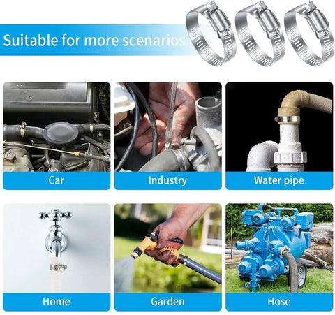 Heavy Duty Stainless Steel Hose Clamps Kit, Thirty Two Pack, Adjustable From One Quarter Inch To Two Inches, Six To Fifty One Millimeters, Worm Gear Pipe Clips For Plumbing, Automotive And Mechanical Applications used in various scenarios like car, industry, water pipe, home, garden, and hose systems showing versatility and application range