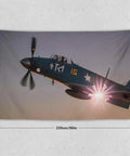 World War II Aircraft Airplane Print Large Polyester Wall Tapestry With Installation Kit For Bedroom Or Living Room Decor Aims To Elevate Your Space And Create A Dope Cozy Meditation Vibe, depicting a blue fighter plane in flight during sunset, 150x230cm, polyester fabric.