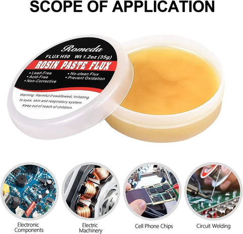 Two Jar Rosin Soldering Flux Paste For Lead Free Electronics Soldering And DIY Projects, Non Corrosive In Dry State, Insulating Flux With Oxidation Resistance, Total 70 g In Dual Jars For Easy Soldering with application images.