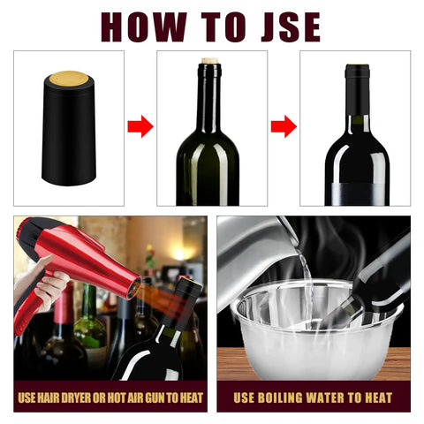 Instructions on using 200 Piece Black Heat Shrink Wine Bottle Caps With Tear Tab 30Mm By 60Mm PVC for sealing wine bottles.