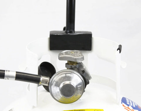 Close-up of GS4200EP 13,000 BTU Propane Tank Top Heater attached to a propane cylinder with QCC regulator connection.