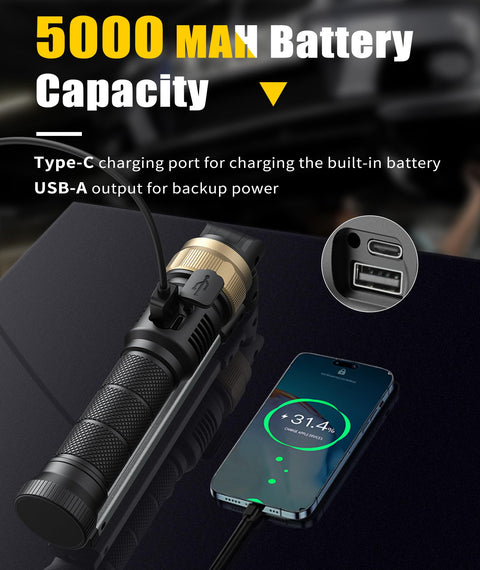 Rechargeable Magnetic Work Light with 5000mAh Battery charging a smartphone, showing USB-C and USB-A port, ideal for car repair.