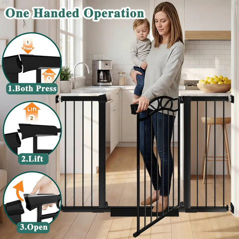 Walk-Through Baby Gate With Door For Openings 29.53 To 32.28 Inches Wide Pressure Mounted No Drill Indoor Gate For Stairs And Doorways Auto-Close Child Safety Gate Black in kitchen with one-handed operation