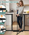 Woman holding child using Black Baby Gate With Door Walk Through Safety Gate For Stairs Pressure Mounted No Drill Indoor Tension Metal Gate