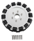 Mecanum wheel for robot, front view, aluminum alloy 6-inch wheel with 19mm rollers; includes mounting screws