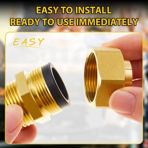 Close-up of brass fittings from 8 Pack 3/4 Inch NPT Brass Pipe Fittings Set With CSST Male NPT Adapters Threaded Hex Nipples Gas Connectors