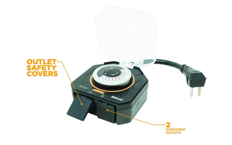 Heavy Duty Outdoor Mechanical Timer With Dual Grounded Outlets Fully Weatherproof Dial Design, showing outlets and dial.