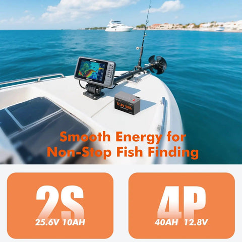 Boat with fish finder powered by 12V 10Ah LiFePO4 Battery With Built-In 10A BMS, ultra lightweight and high energy