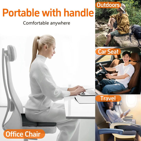 Sojoy Gel Comfort Foldable Seat Cushion With Memory Foam For Tailbone Support Relieves Pressure For Travel Stadium And Office Ergonomic Design in use on office chair.