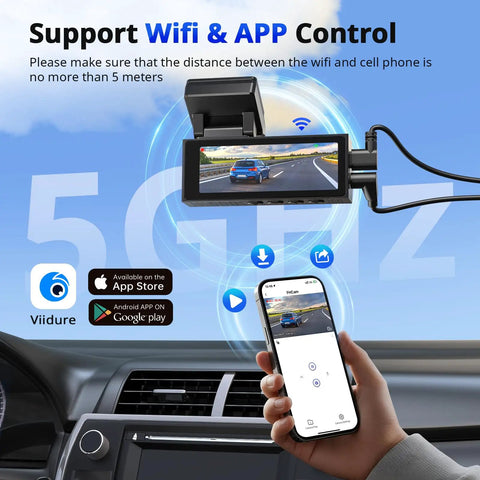 Dual Dash Cam Front And Rear For Cars 4K Plus 2K Video With 64GB Card Included, showing WiFi and app control feature.